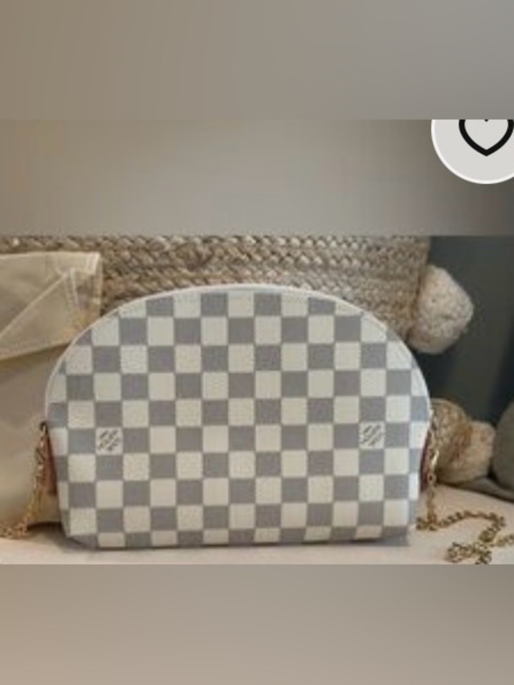 Checkered Dome Cosmetic Pouch in Ivory and Light Gray